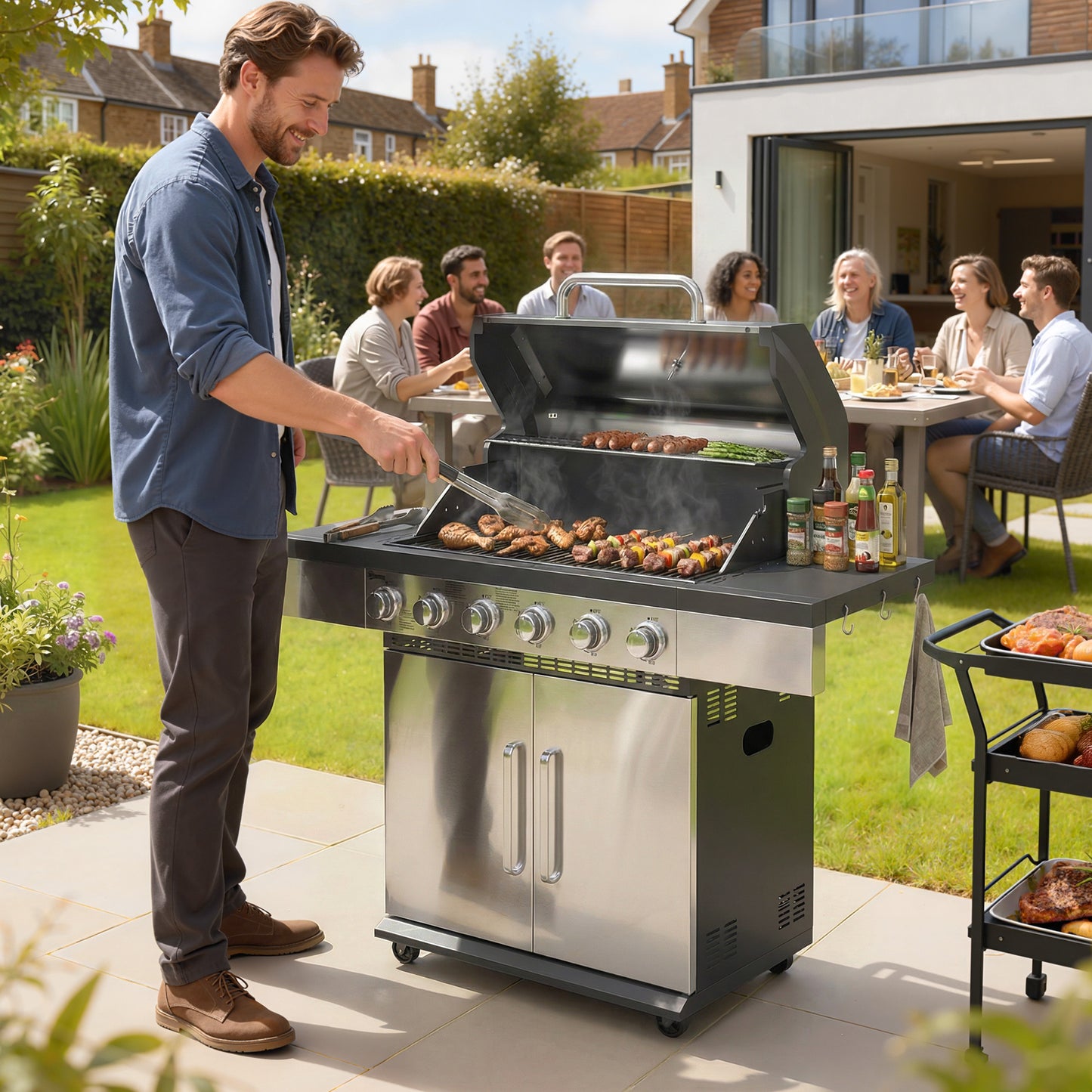 6 Burner Liquid Propane Gas BBQ Grill, Outdoor Portable Gas Barbecue Grill with Warming Rack, Side Tables, Cabinet