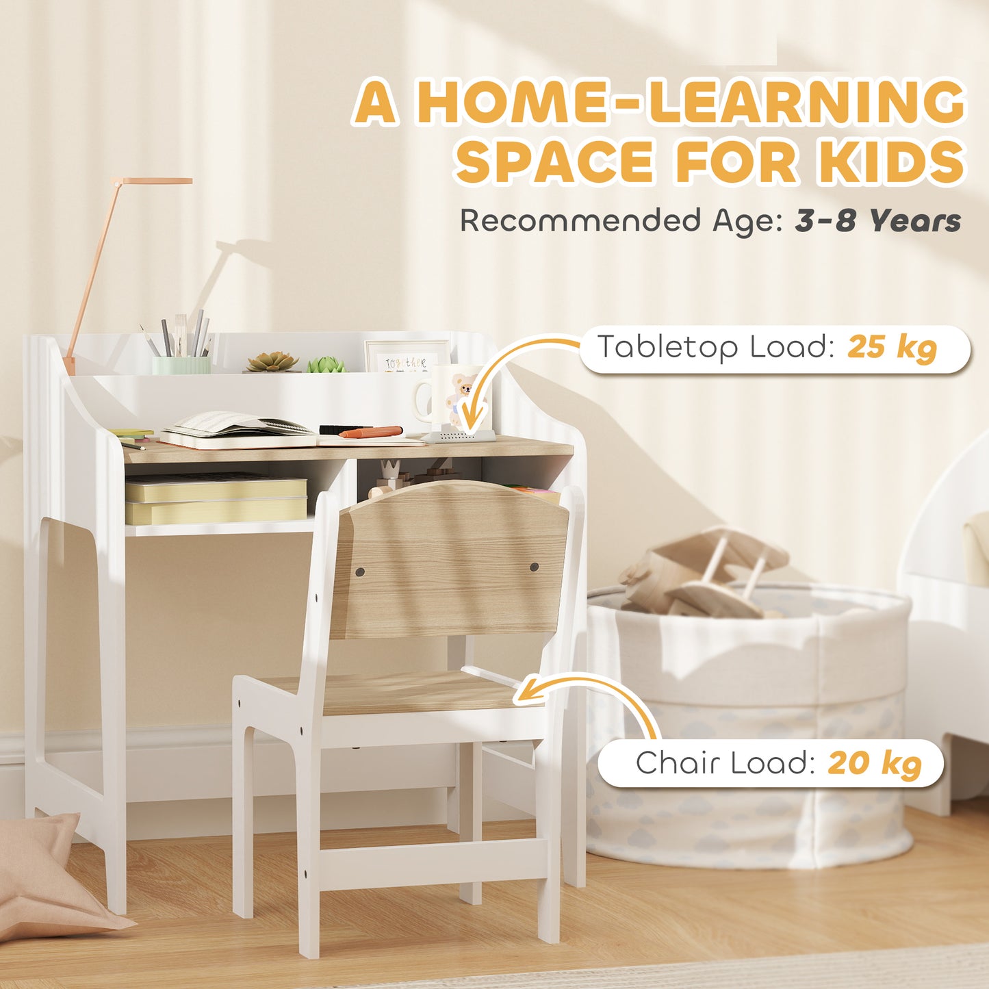 Kids Desk and Chair Set, Children Study Table with Storage and Shelves for Study Room, Gift for 3-8 Years, Natural