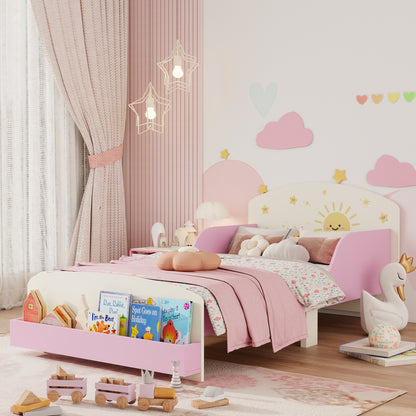 Toddler Bed with Storage, Guardrails, Sun Design, for Ages 3-8 Years, Fits 140 x 70cm Mattress
