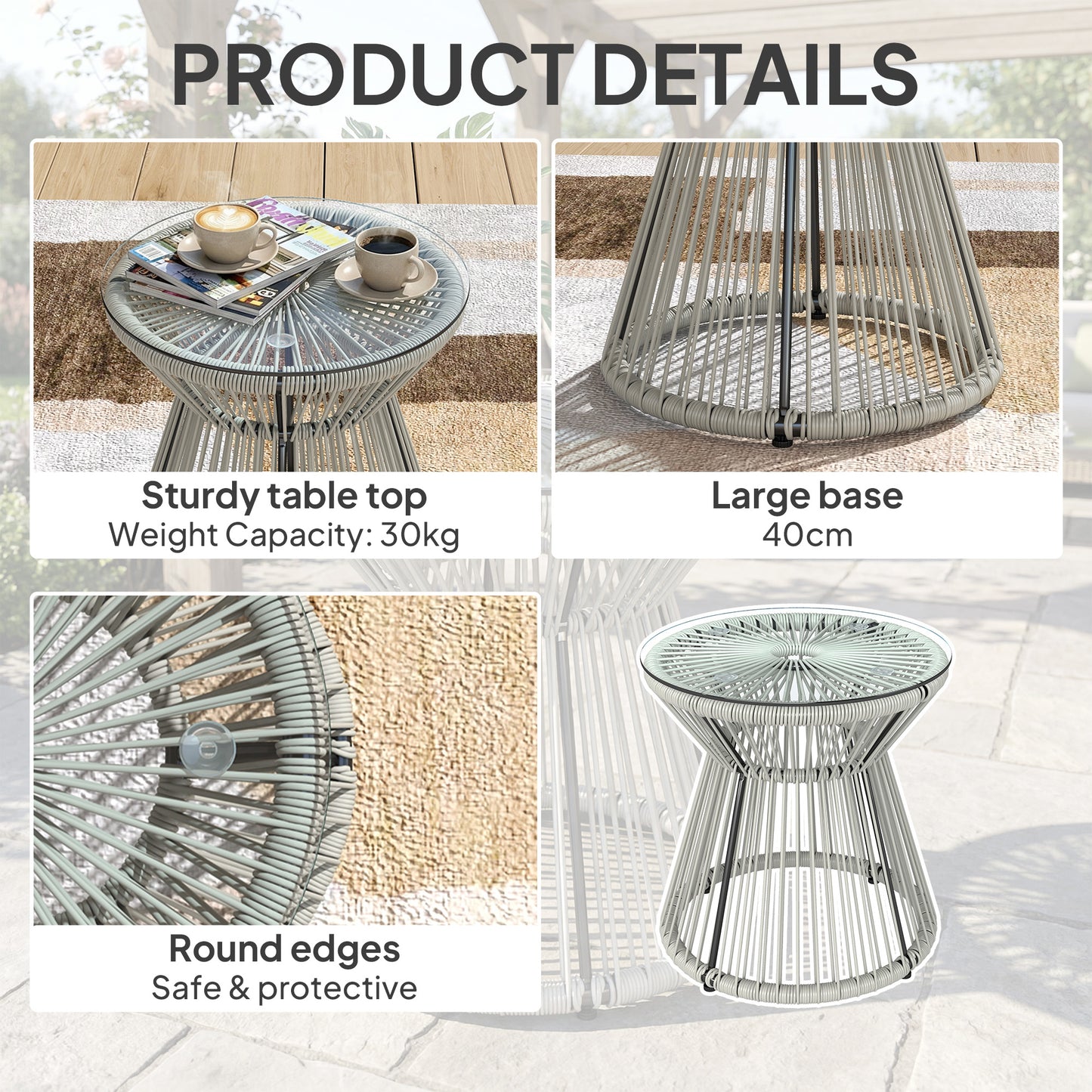 Rattan Outdoor Coffee Table, PE Rattan Wicker Bistro Side Table with Tempered Glass Top, Light Grey