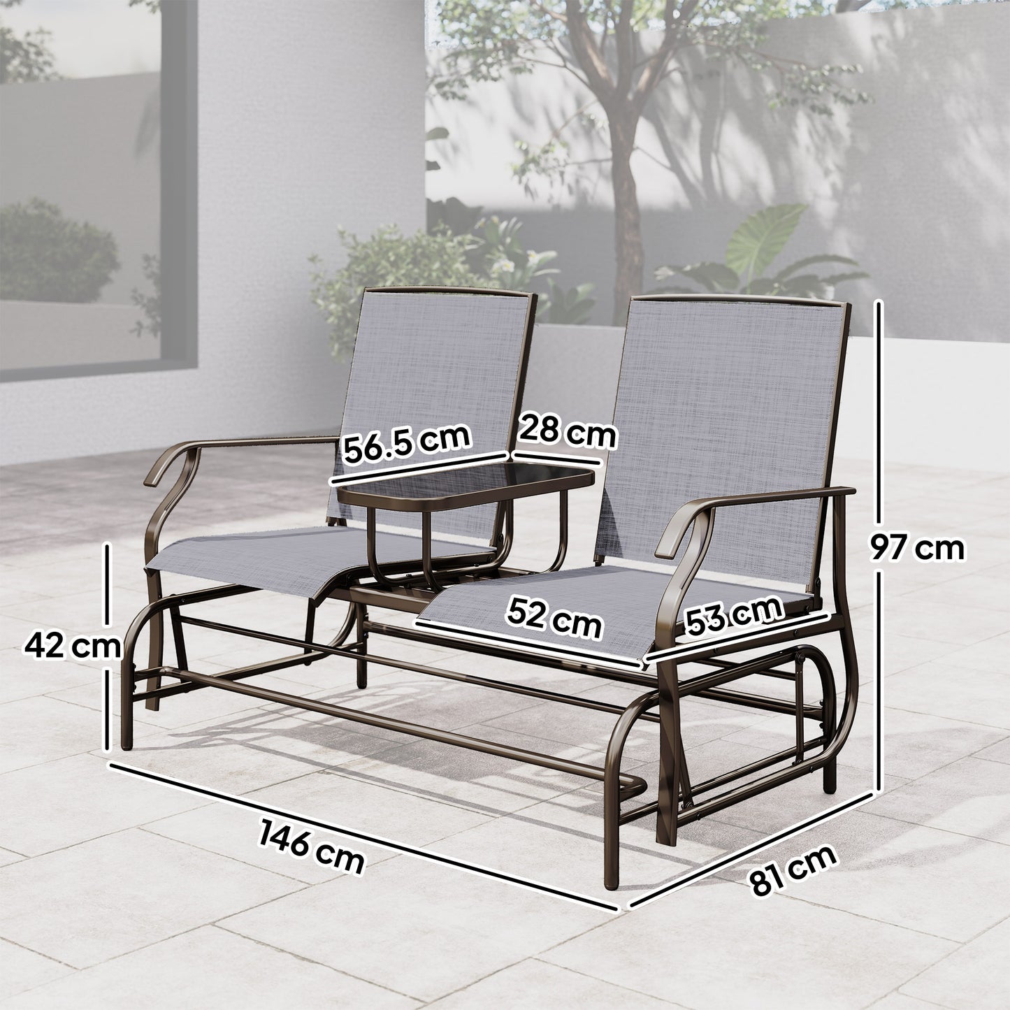 2 Seats Garden Glider Bench, Metal Frame Loveseat with Glass Top Centre Table, Porch Rocking Glider for 2 Person, for Deck