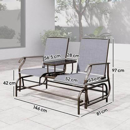 2 Seats Garden Glider Bench, Metal Frame Loveseat with Glass Top Centre Table, Porch Rocking Glider for 2 Person, for Deck