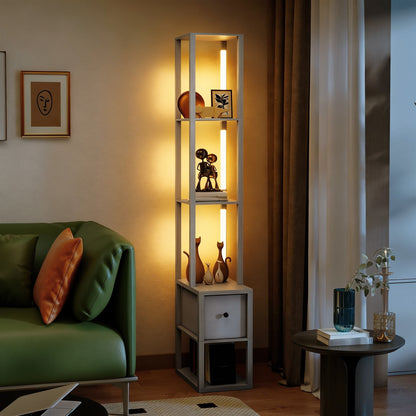 Floor Lamp with Shelves, LED Column Modern Standing Lamp with Fabric Drawer, Adjustable Brightness