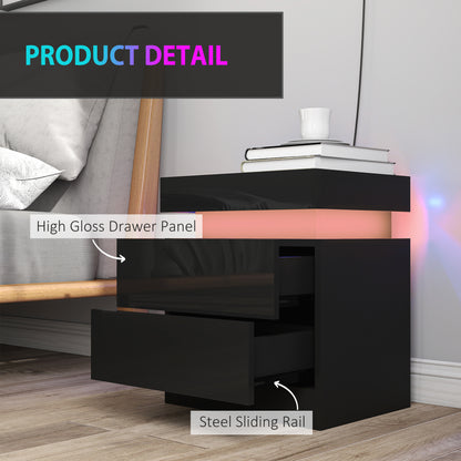Black Bedside Table with LED Light, High Gloss Front Nightstand with 2 Drawers, for Living Room, Bedroom, Set of 2