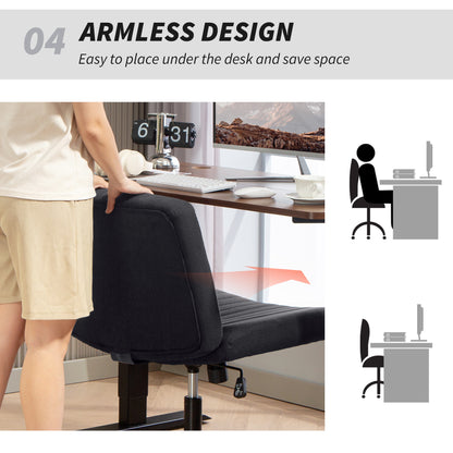 Armless Office Chair No Wheels, Linen Fabric Criss Cross Legged Desk Chair with Wide Seat, Thick Padding, Tilt Function
