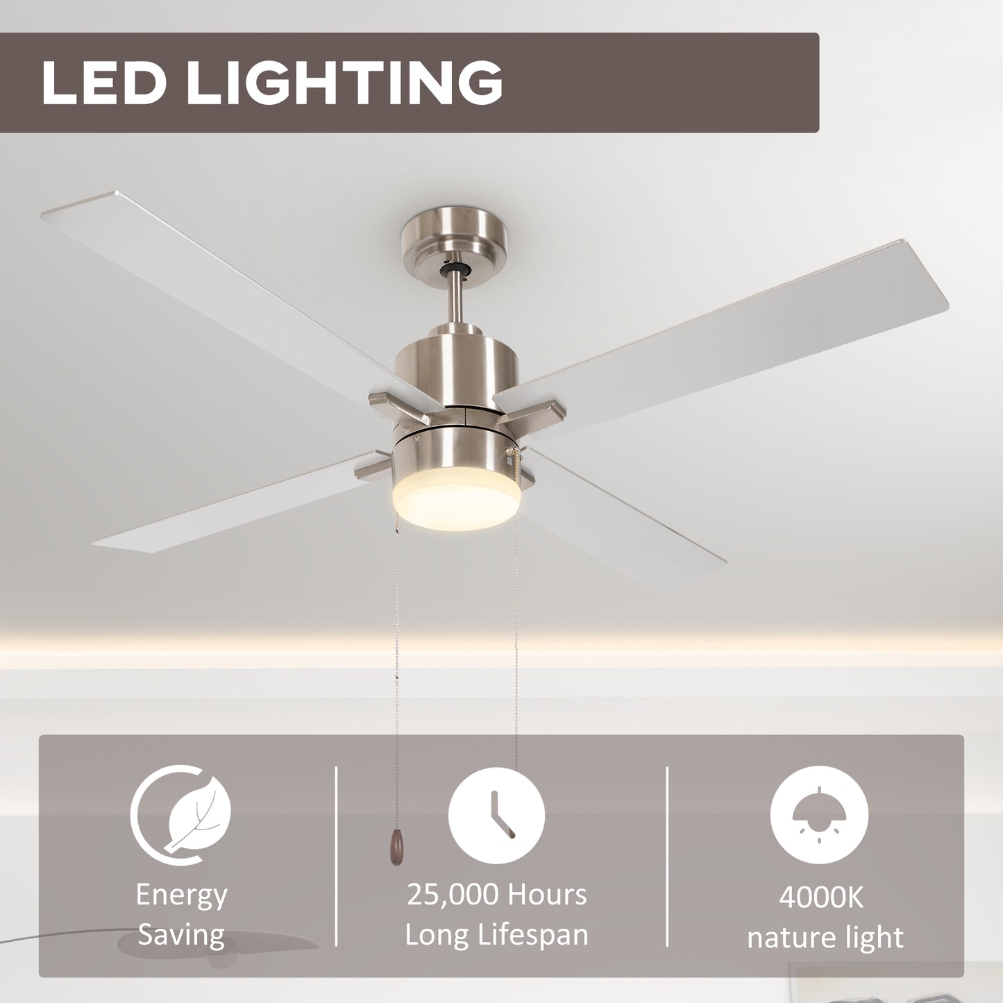 Ceiling Fan with LED Light, Flush Mount Ceiling Fan Lights with Reversible Blades, Pull-chain, Silver and Natural Tone