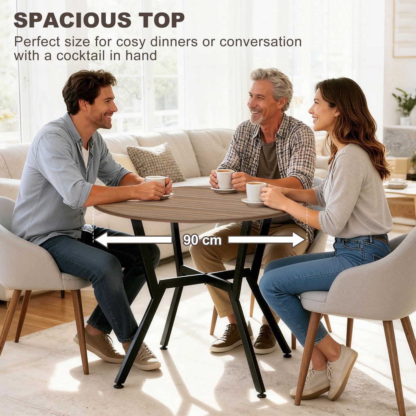 Dining Table, Round Kitchen Table with Black Legs, Anti-slip Foot Pads for Living Room, Dining Room 90 x 76 cm, Brown