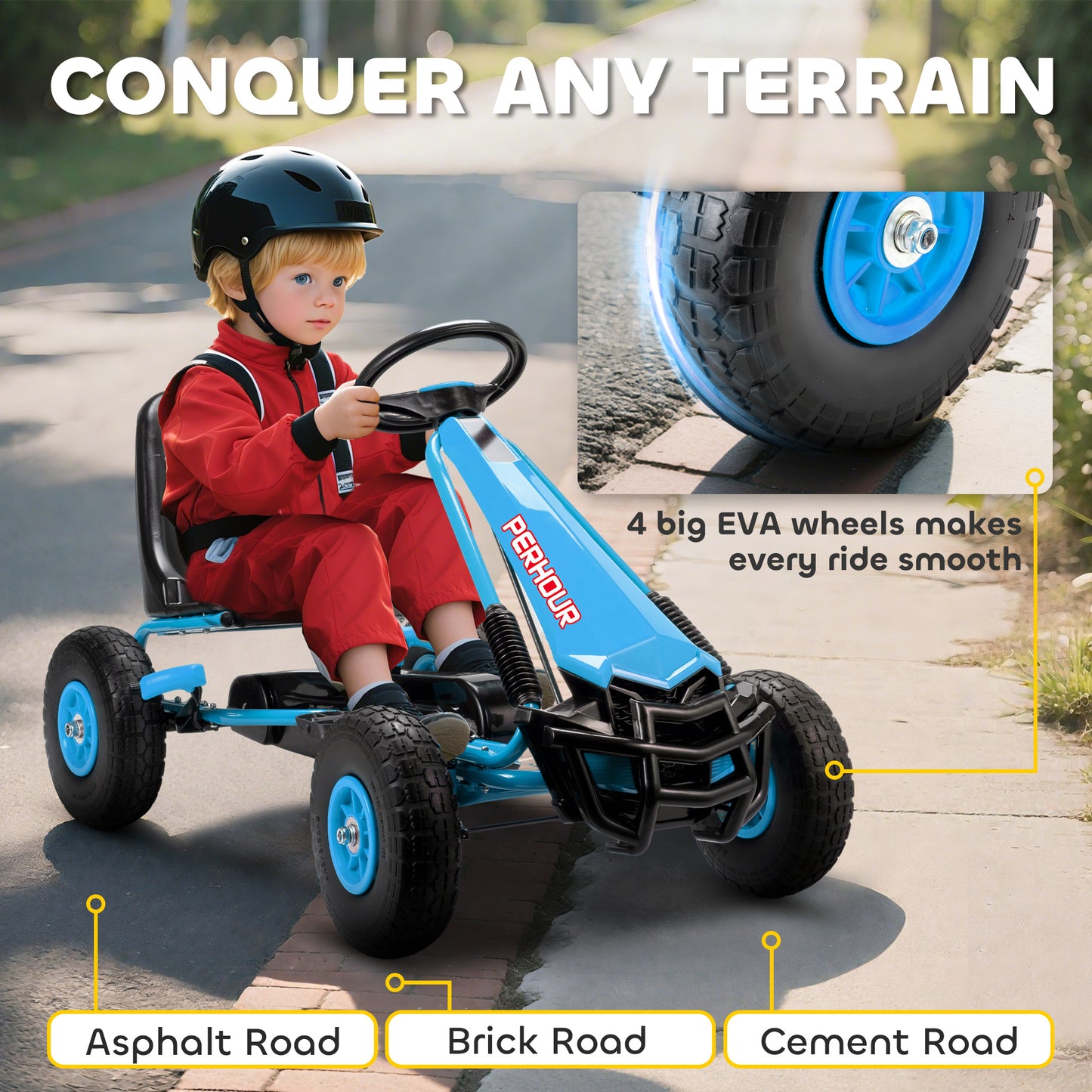 Kids Pedal Go Kart with Adjustable Seat, EVA Tyres, Manual Clutch, Brake, Go Kart for Kids 3-8 Years, Blue