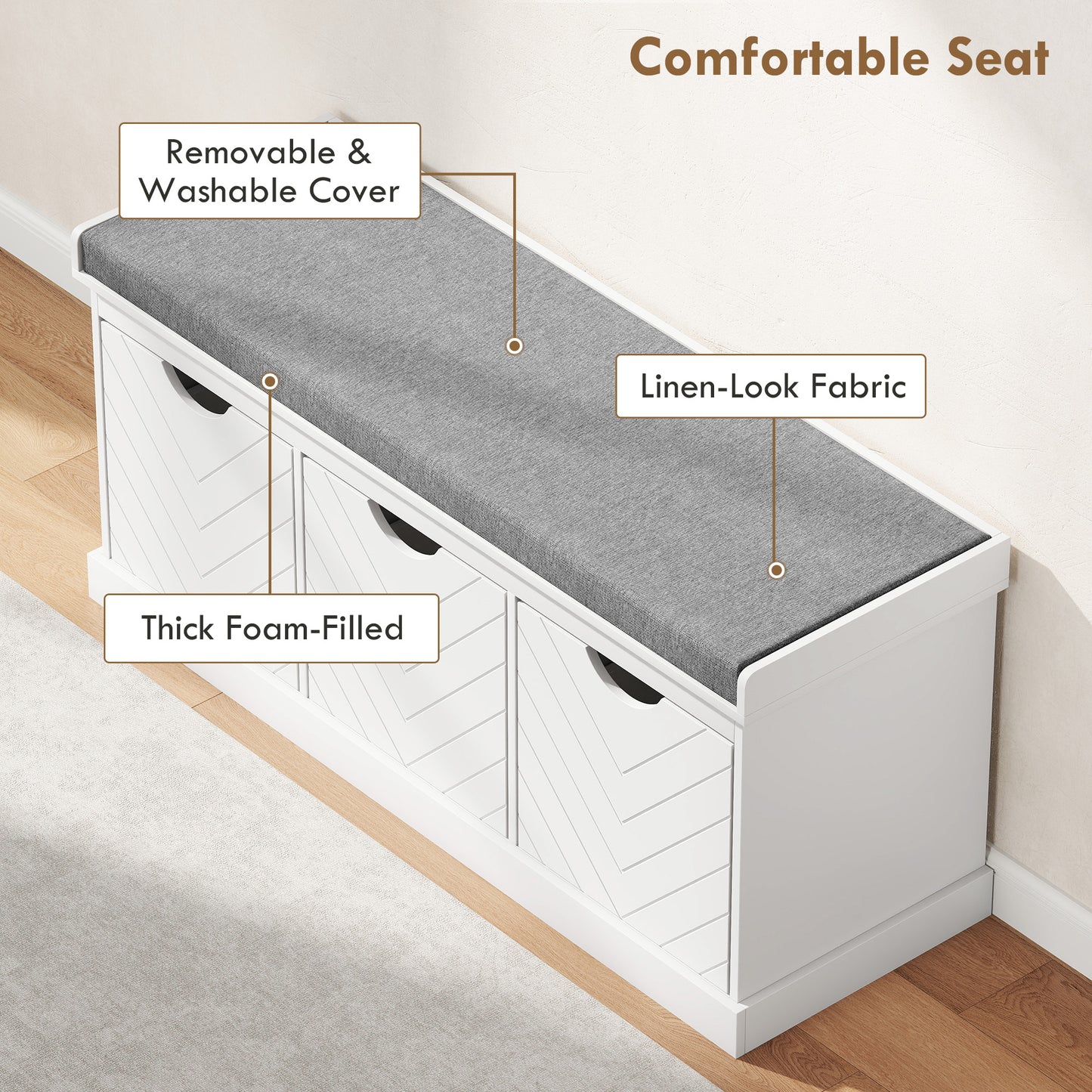 3-Drawer Padded Shoe Bench with Breathable & Washable Linen-look Cover, White