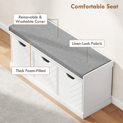 3-Drawer Padded Shoe Bench with Breathable & Washable Linen-look Cover, White