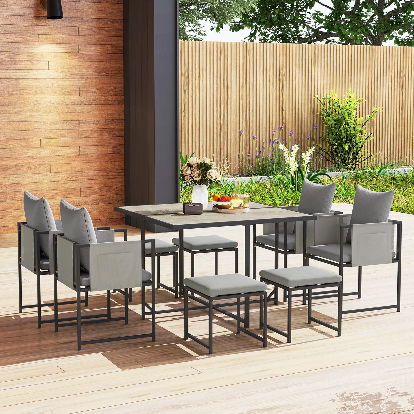 Nine-Piece Steel Frame Garden Dining Set - Dark Grey