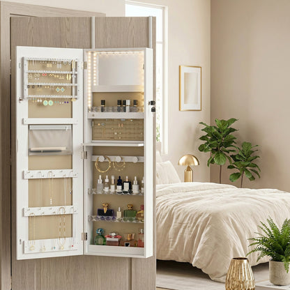 LED Mirror Jewellery Cabinet, Wall Mounted Full Length Mirror with Storage, Lockable Jewellery Organiser, White