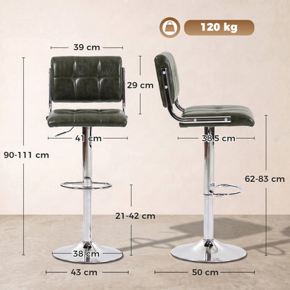 Bar Stools Modern PU Leather Adjustable Breakfast Bar Stools Backrest Set of 2 Green
