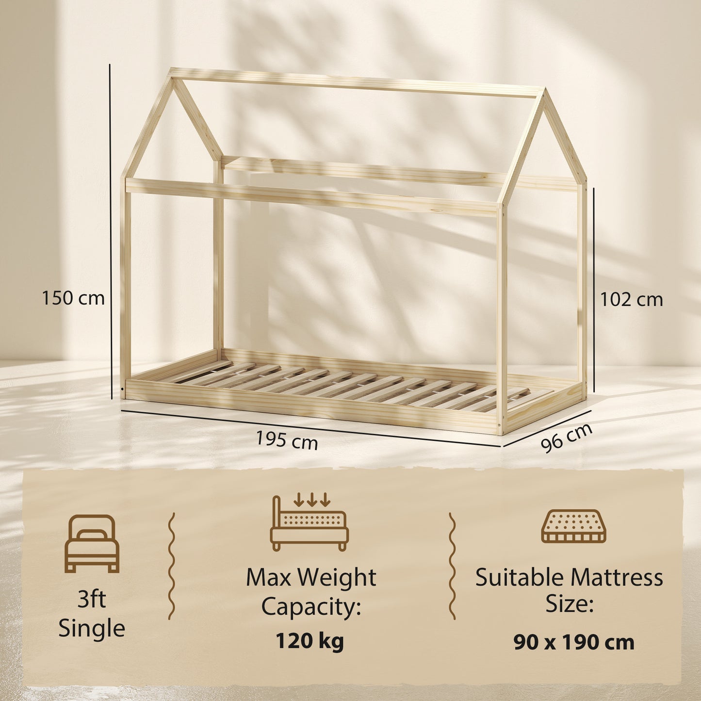 Single Bed Frame, House Scandinavian Wooden Bed Frame for 90W x 190Dcm Mattress, Pine Wood Bed Base, Natural Wood Finish