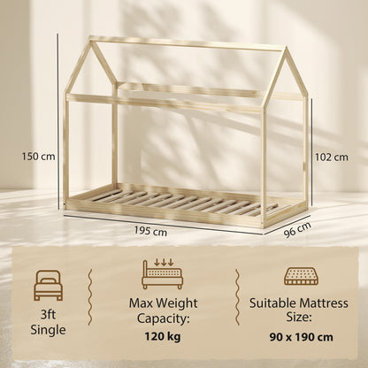 Single Bed Frame, House Scandinavian Wooden Bed Frame for 90W x 190Dcm Mattress, Pine Wood Bed Base, Natural Wood Finish