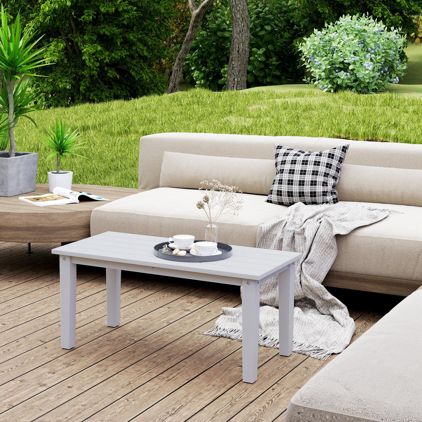 Outdoor Garden Coffee Table, HDPE All-Weather Rectangular Outdoor Garden Table with Slatted Tabletop for Patio, Balcony
