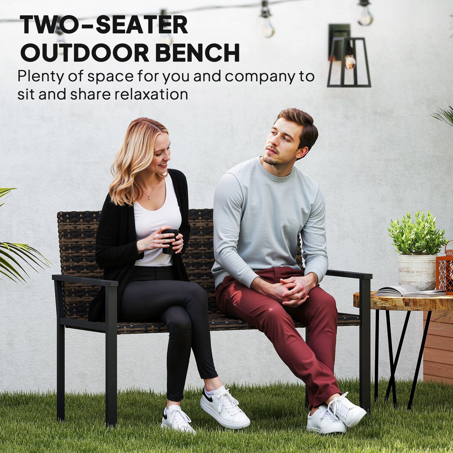 2 Seater Rattan Garden Bench, Outdoor Bench with Quick-Drying Cotton Padding, Wicker Garden Loveseat with Armrests