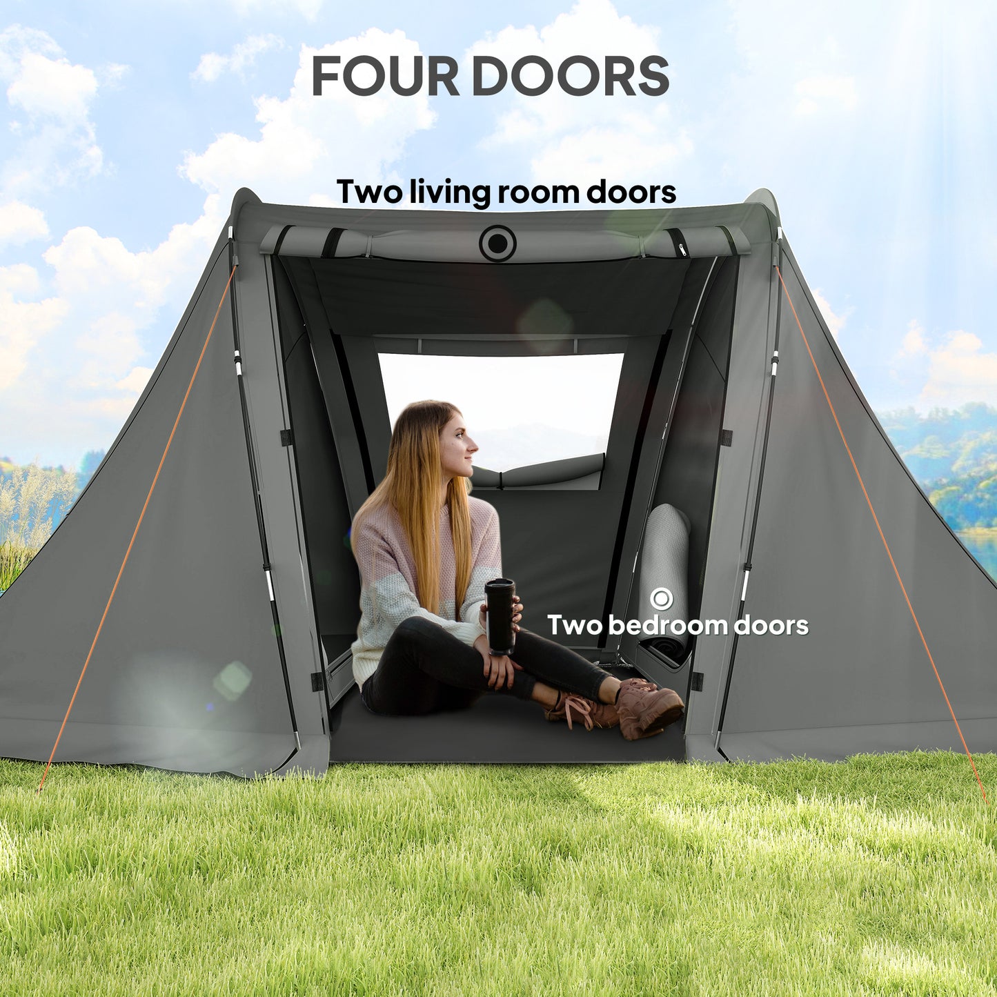 3 Man Camping Tent with Living Area and 2 Bedrooms, 3000mm Waterproof Family Tent with Sewn-in Groundsheet and bag