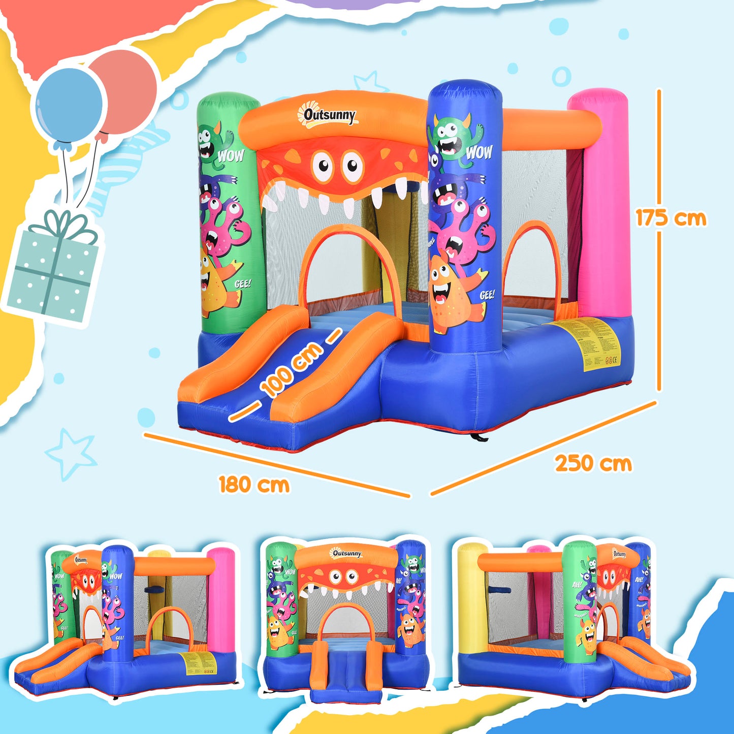 Bouncy Castle Inflatable Basket Trampoline Slide Monster Design for Kids Age 3-8, Blue