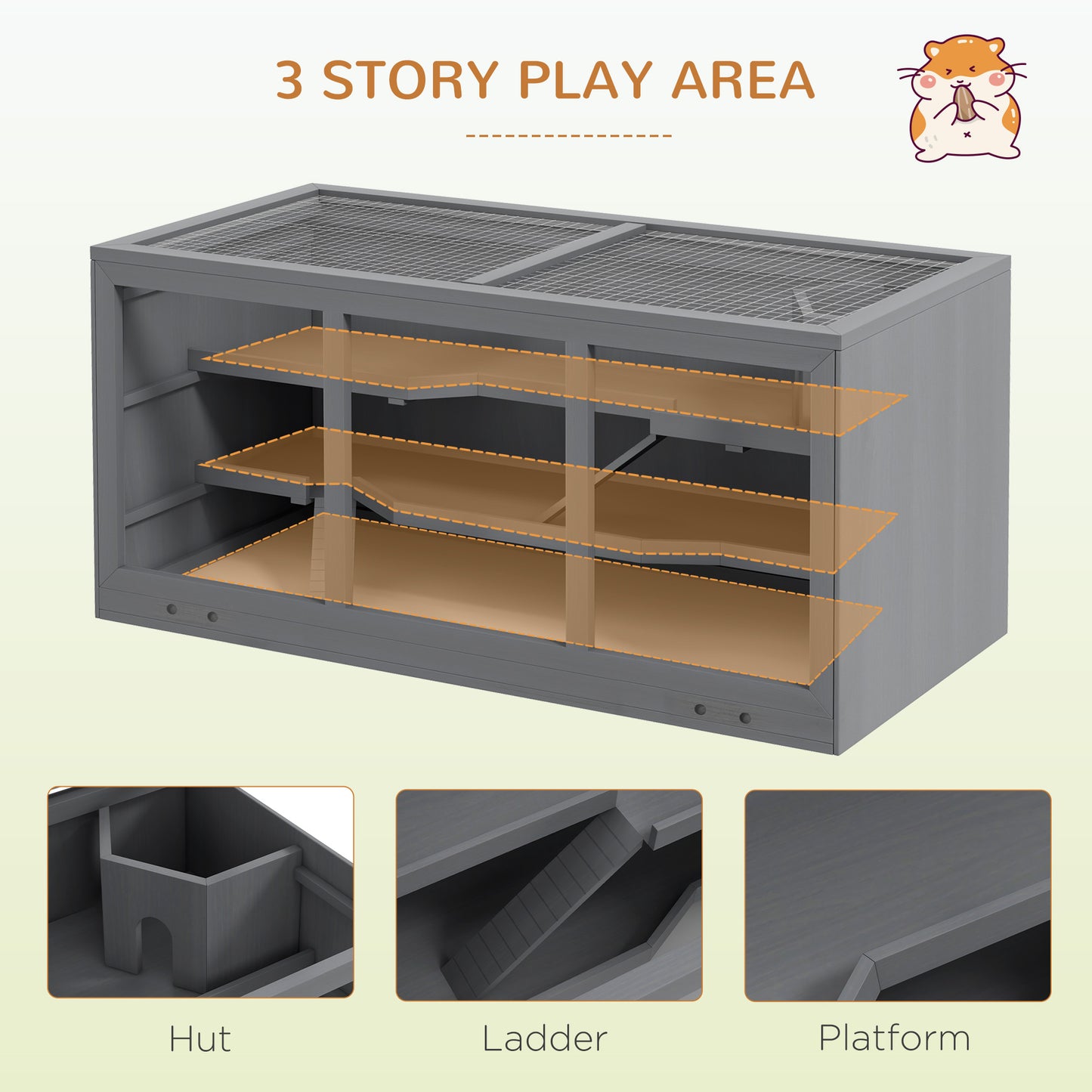 Wooden Hamster Cage, Small Animals Hutch with Tray, Openable Top, Exercise Play House Pen, 115L x 57W x 55Hcm, Grey