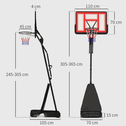 245-305cm Adjustable Basketball Hoop and Stand, with Wheels, Red