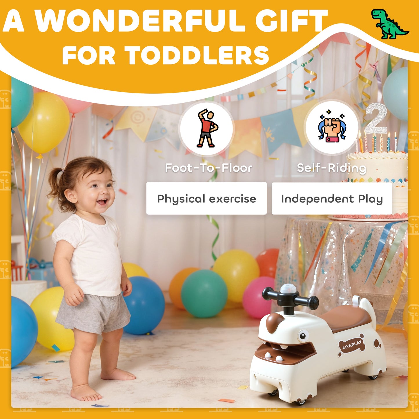 Kids Ride On Car, Dinosaur Foot to Floor Slider with Storage, Toddler Walker with Light, Sounds, Cream