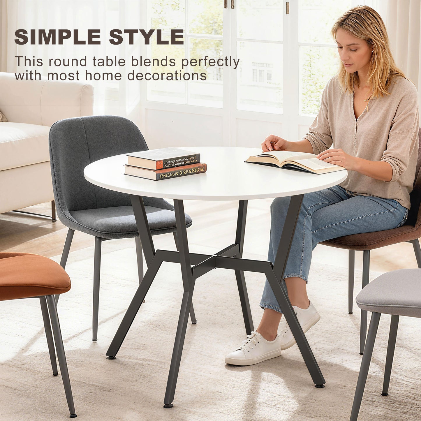 Dining Table, Round Kitchen Table with Black Legs for Living Room, Dining Room 90 x 76 cm, High Gloss White
