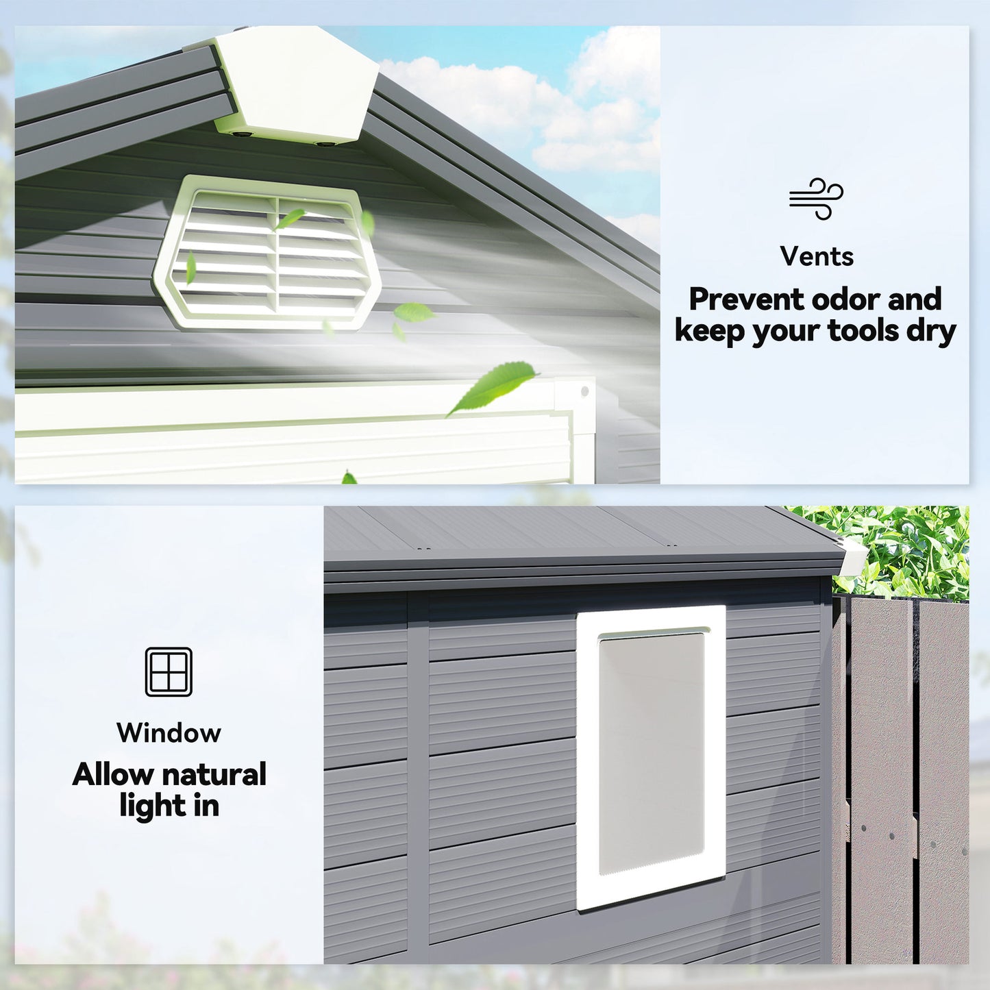 4.4ft x 6.2ft Aluminium Frame and Plastic Wall Shed, with Foundation - Grey