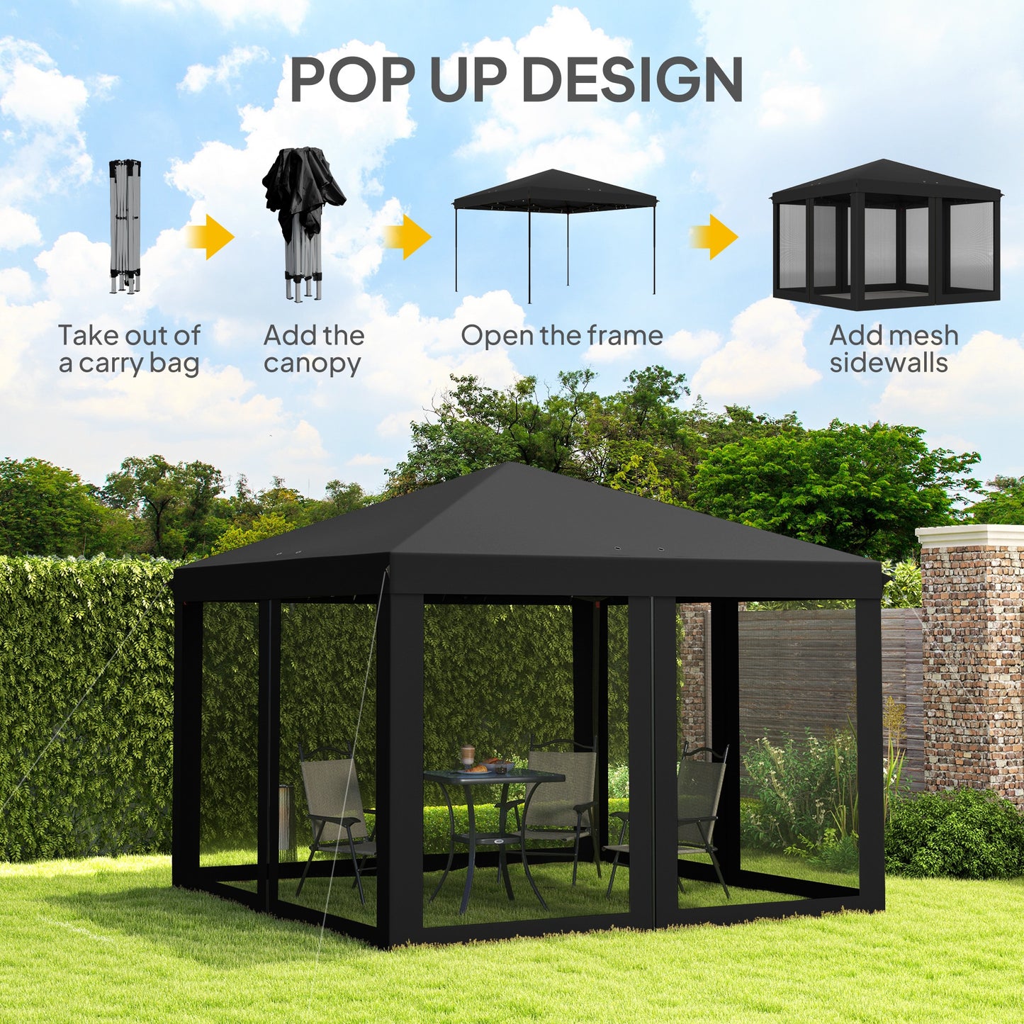 3 x 3 m Pop Up Gazebo, 420D Garden Tent Canopy with Removable Mesh Sidewall Netting, Carry Bag for Garden Patio Outdoor