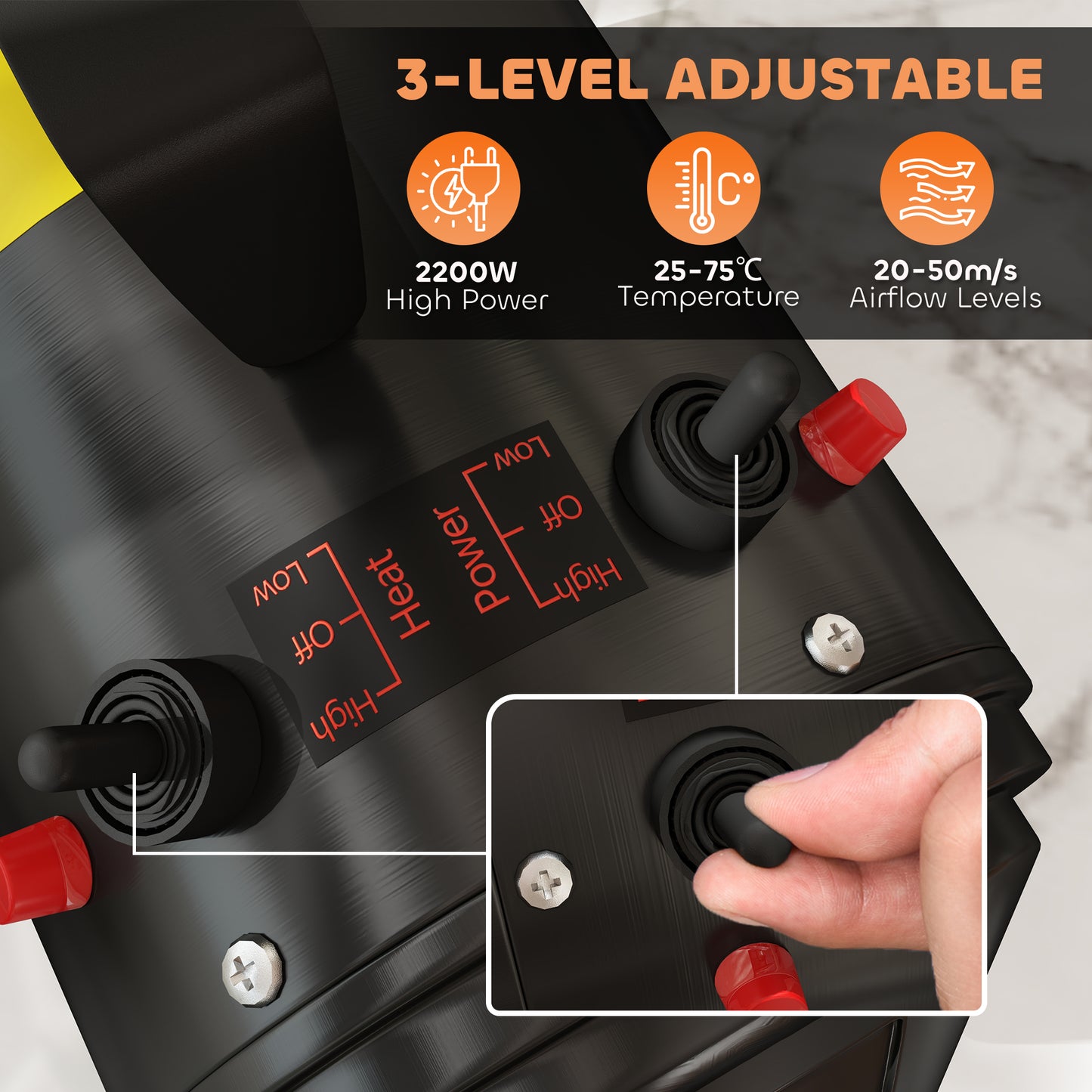2200W Dog Hair Dryer with Adjustable Temperature & Velocity, 3 Different Nozzles, Black