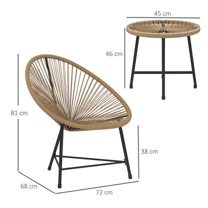 3 Pieces Rattan Bistro Set, Garden Bistro Set with Acapulco Chairs and Glass Top Table, Small Garden Furniture Set