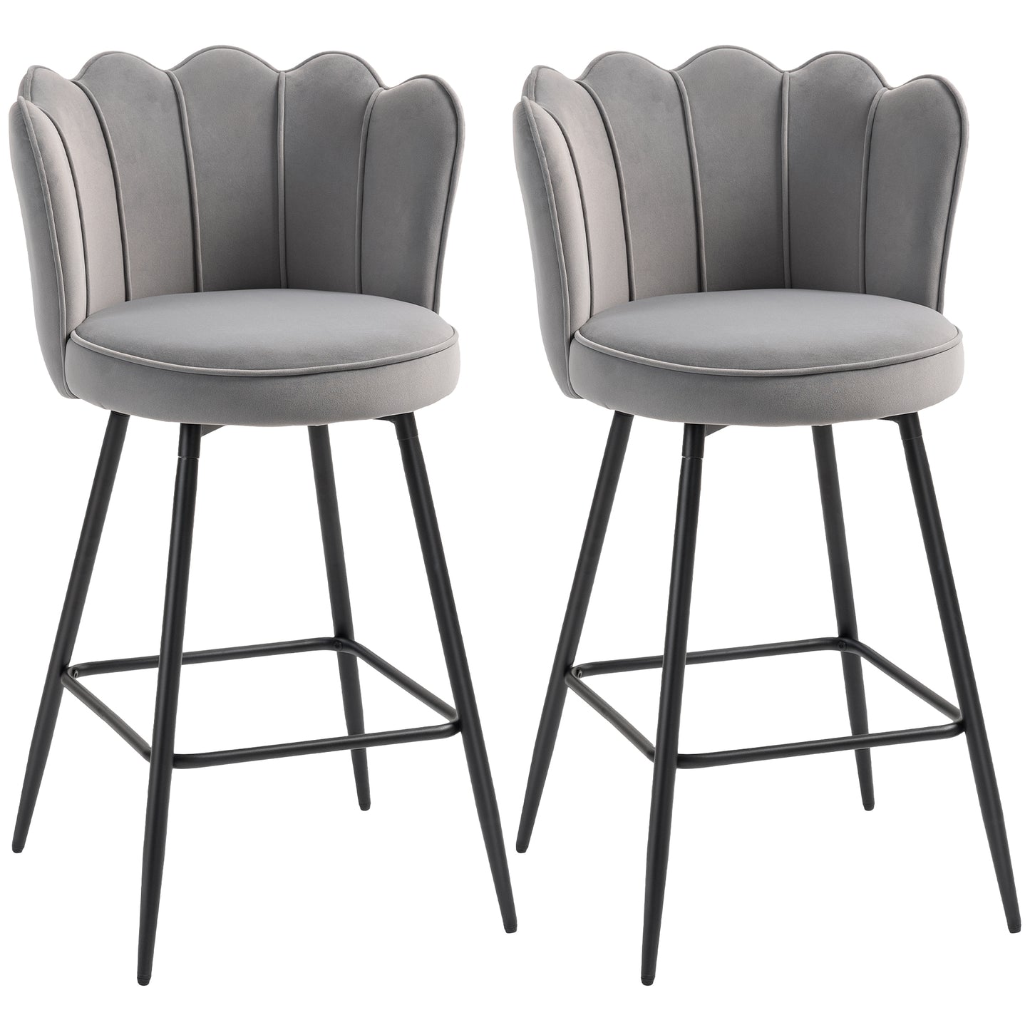 Set of Two Velvet-Feel Lotus Bar Stools - Grey