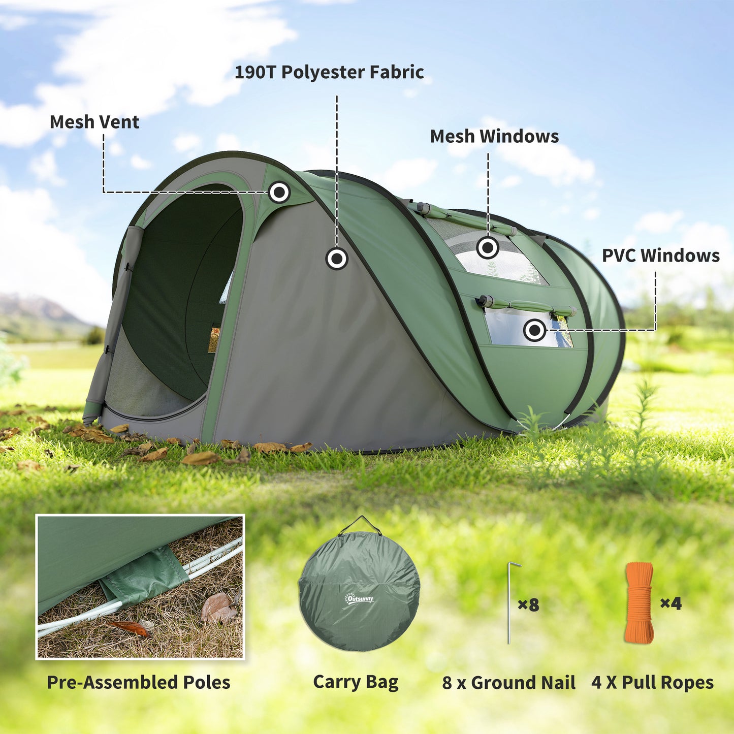 4 Person Pop-up Camping Tent, Family Dome Tent with Ground Sheet, 4 Windows and Portable Carry Bag for Beach Outdoor Trip