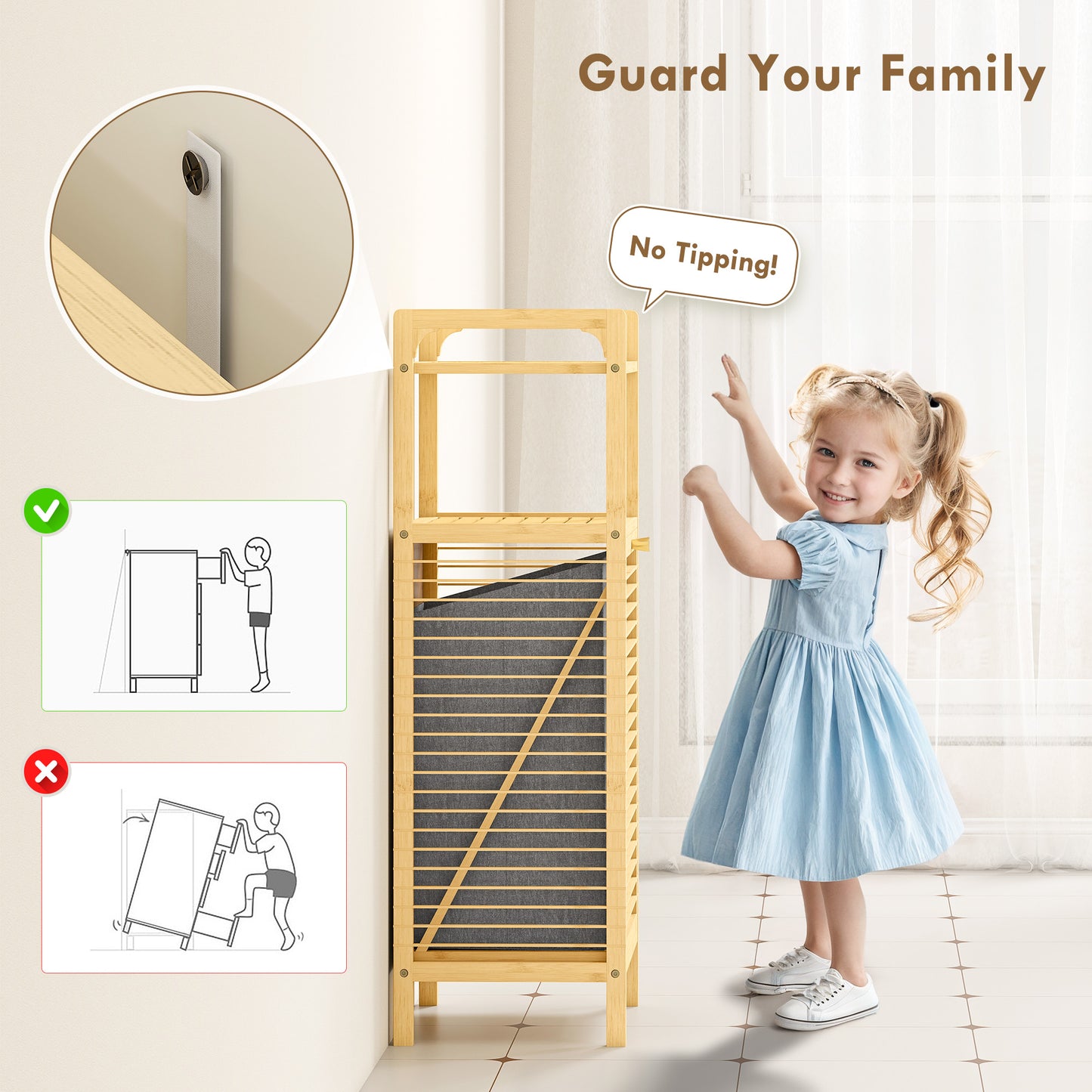 Bamboo Laundry Cabinet with Slatted Door, Bathroom Cabinet with Tilt-Out Hamper and Removable Liner Bag, 40 x 30D x 95 cm