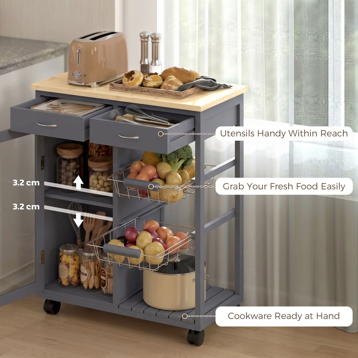 Bamboo Kitchen Island, Rolling Kitchen Trolley with Glass Door, 2 Metal Wire Baskets and Adjustable Shelf, Grey