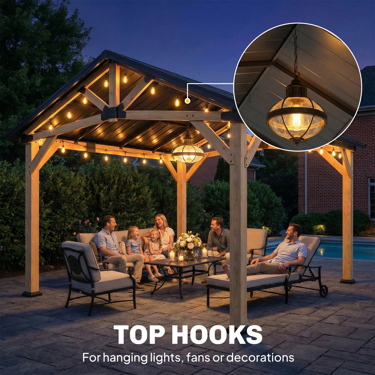 3.5 x 4 m Hardtop Gazebo Canopy with Galvanised Metal Roof, Fir Wood Frame and Hook for Patio, Garden, Black Grey