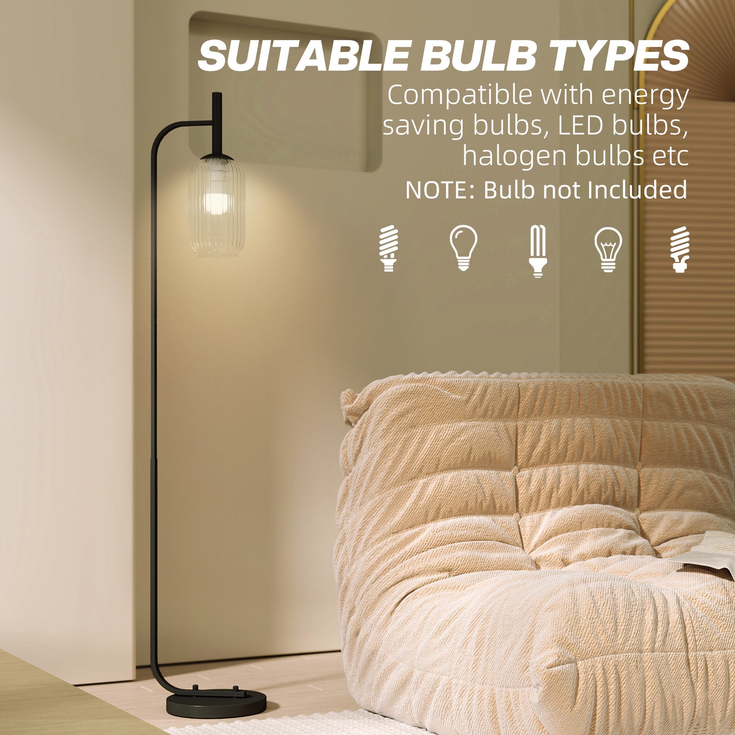 Floor Lamp for Living Room with Glass Lampshade, Modern Standing Lamp with Foot Switch for Bedroom, Bulb not Included, Black