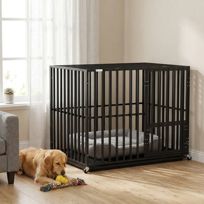 Heavy Duty Dog Crate, Dog Cage with Wheels for Medium Large Breeds, Metal Pet Kennel with Removable Tray
