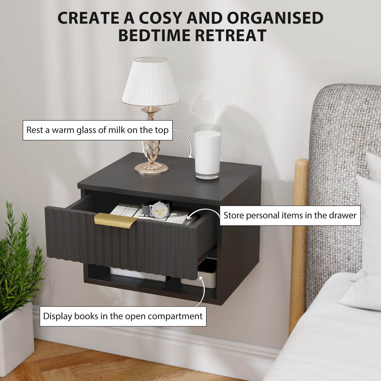 Floating Nightstands Set of 2, Modern Wall Mounted Bedside Tables, Black