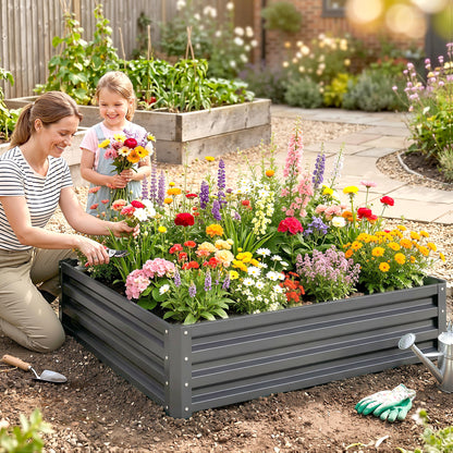 432L Square Raised Garden Bed Box Steel Frame for Vegetables, Flowers and Herbs, 120 x 120 x 30cm, Light Grey