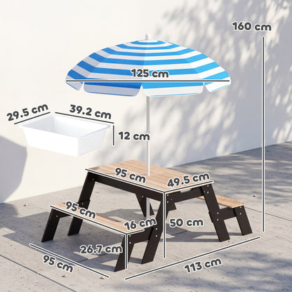Kids Garden Furniture with Parasol, 3 in 1 Wooden Sand and Water Table with 2 Hidden Play Boxes for Patio, Ages 3-6