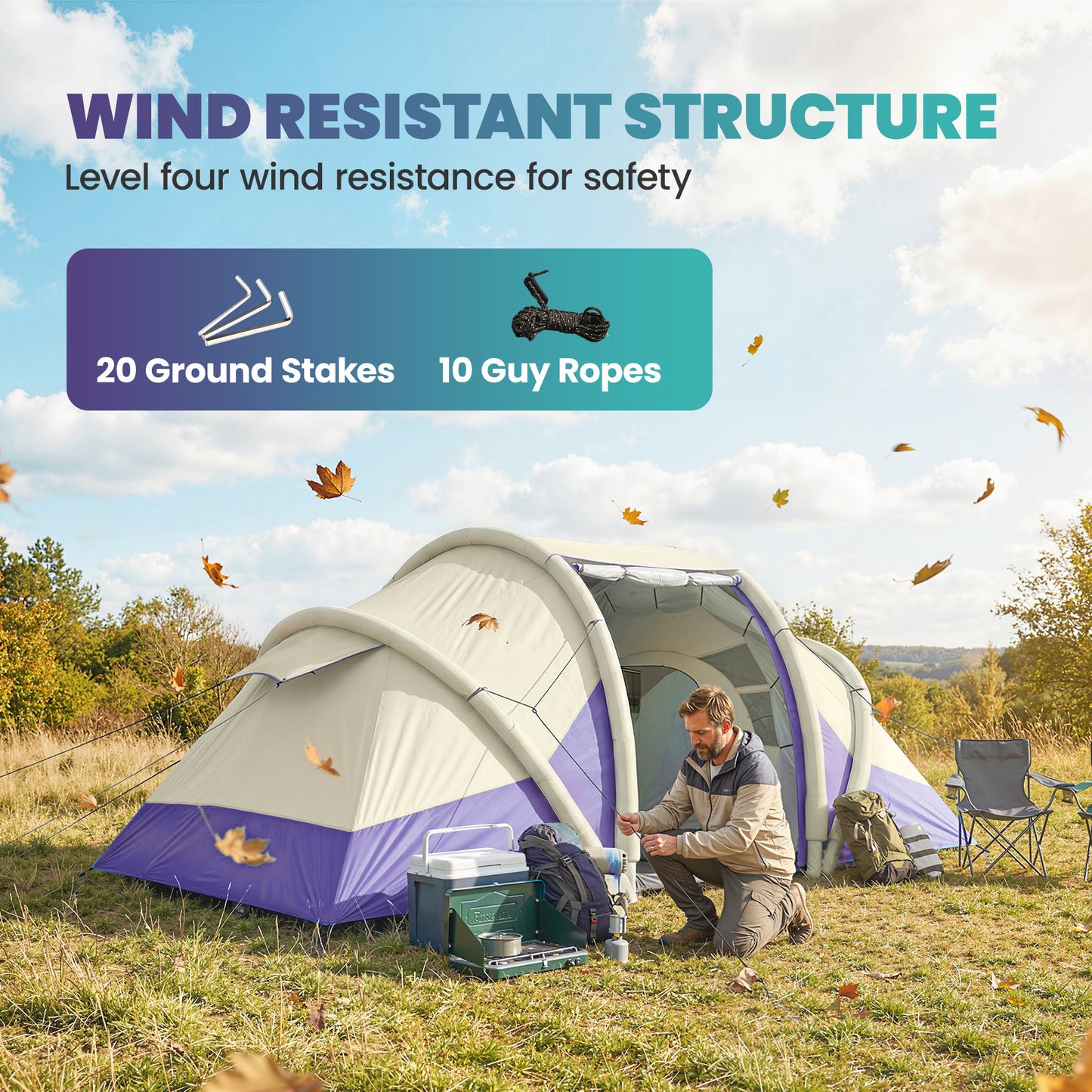 Inflatable Tent 2 Bedroom Tunnel Design Windproof Air Tent with Carry Bag for 4 Person