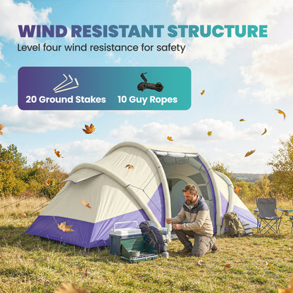 Inflatable Tent 2 Bedroom Tunnel Design Windproof Air Tent with Carry Bag for 4 Person