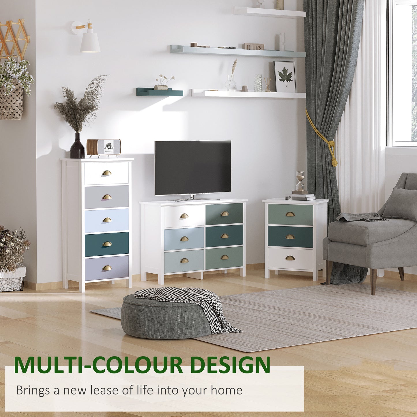 Slim Storage Cabinet Organiser, Chest of Drawers, 5-Drawer Dresser with Metal Handle for Living Room, Bedroom, Blue