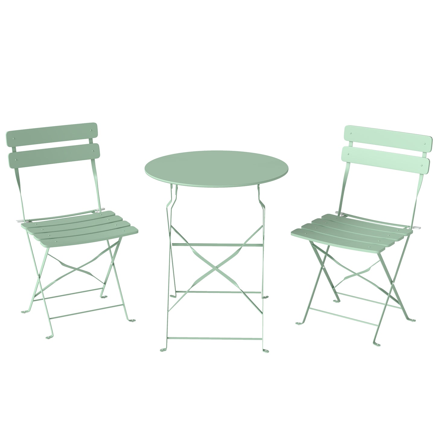 Folding Garden Bistro Set, Outdoor Round Bistro Table and Chairs Set 2 with Electrophoresis Metal Frame, Light Green