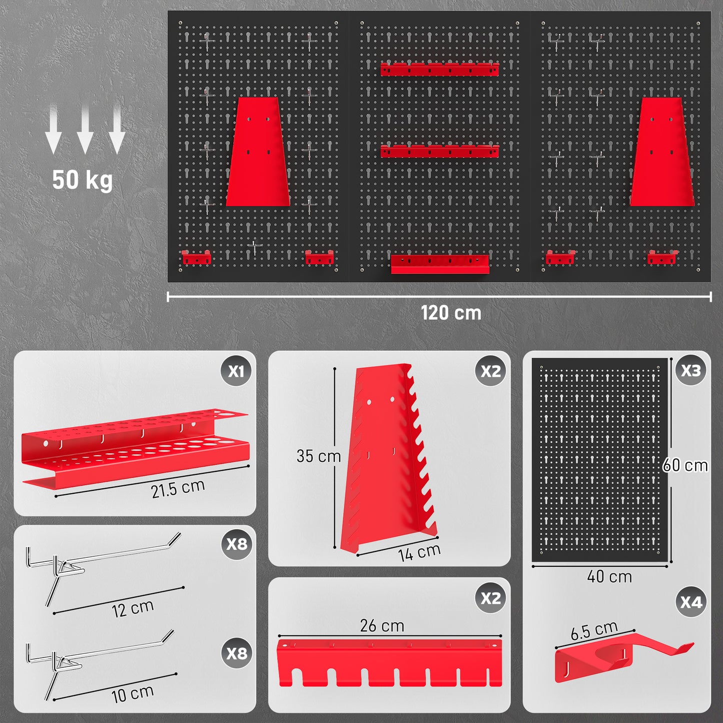28 Pcs Wall-Mounted Pegboard with 3 Boards, Garage Tool Storage Unit Black and Red