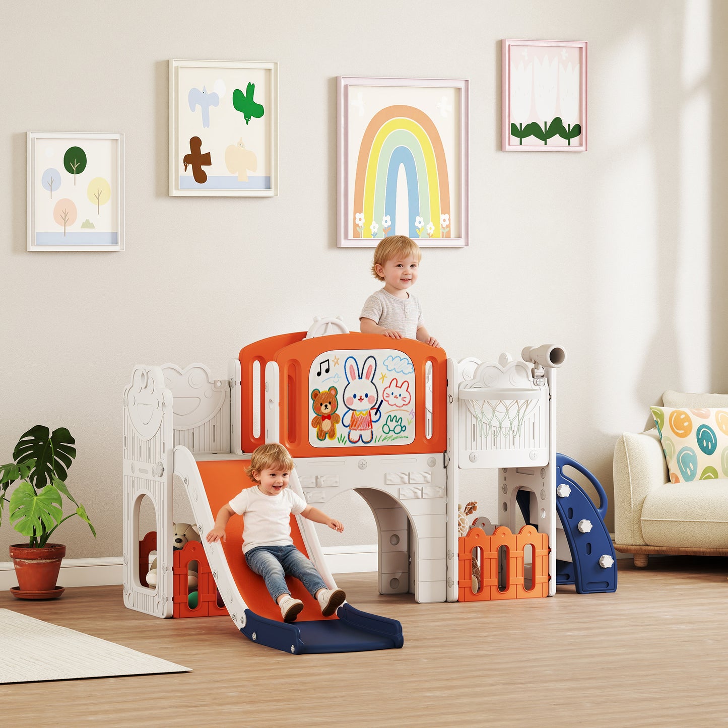 7 in 1 Toddler Slide Set with Basketball Hoop, Climbing Frame, Telescope, Drawing Board, Storage Box, Orange