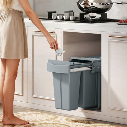 2 Removable Recycling, ContaineUnder-Sink Kitchen Trash Bin, Smooth Slide, Handle, Diamond Pattern Lid, Grey