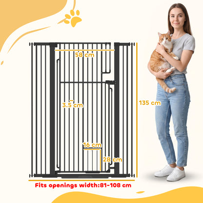 135cm Extra Tall Dog Gate with Cat Door, Fits Openings 81-108 cm Pressure Mounted for Doorways, Hallways, No Drilling