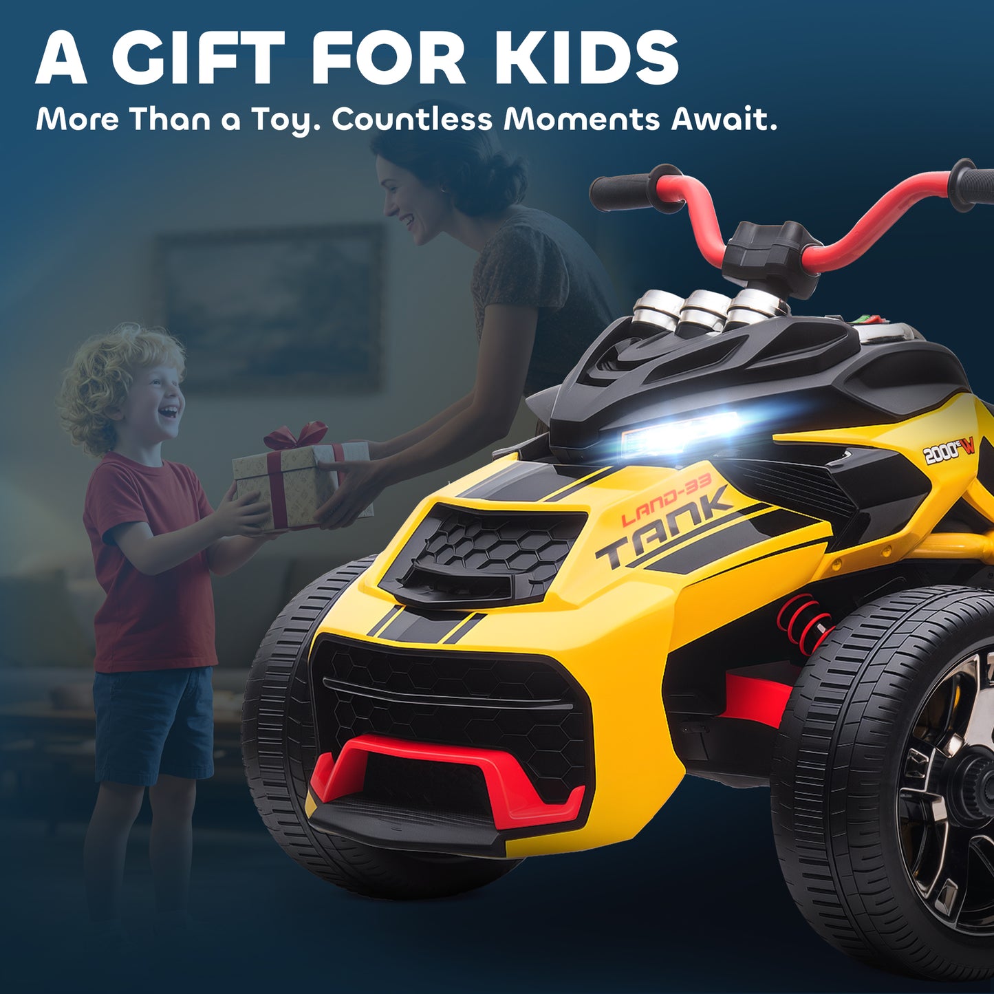 12V Kids Electric Ride On Car with 3 Wheeler, MP3 Player, Horn, 2 Speeds, LED Lights for Boys & Girls Ages 3-8, Yellow